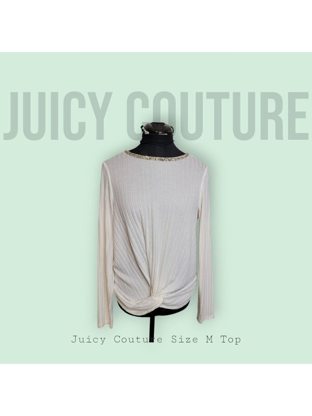 Juicy Couture White Long Sleeve Top with Embellished Neckline & Twist Front